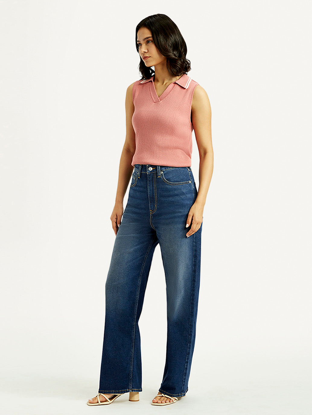 Women's Dark Blue Wide Leg Fit High Rise Jeans - Side View
