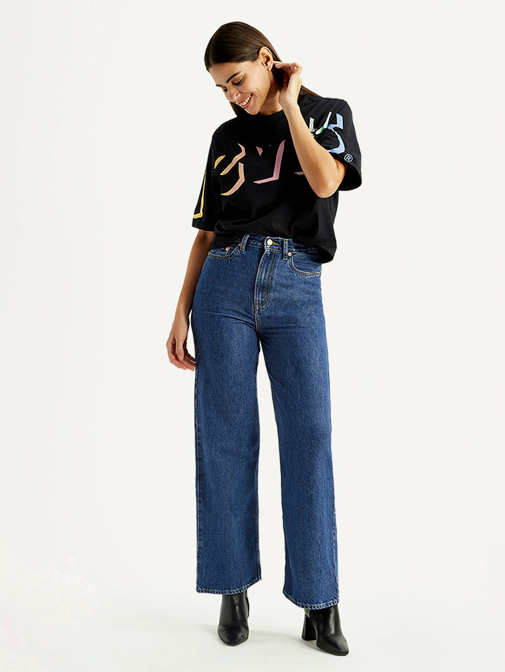 Women's Med Indigo Loose Fit High Rise  Jeans