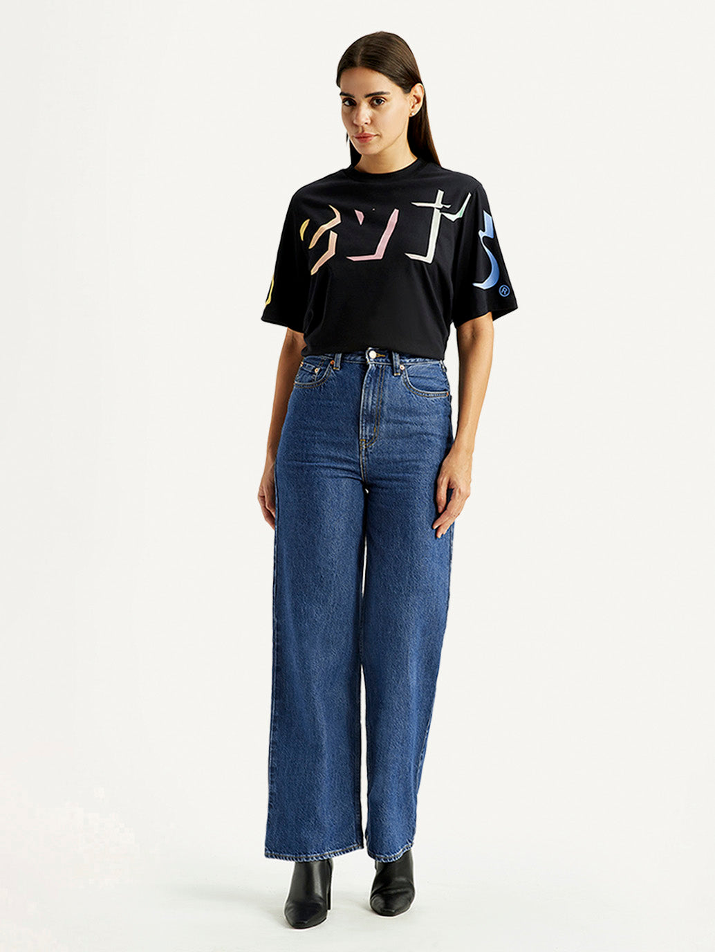 Women's Med Indigo Loose Fit High Rise  Jeans - Front View
