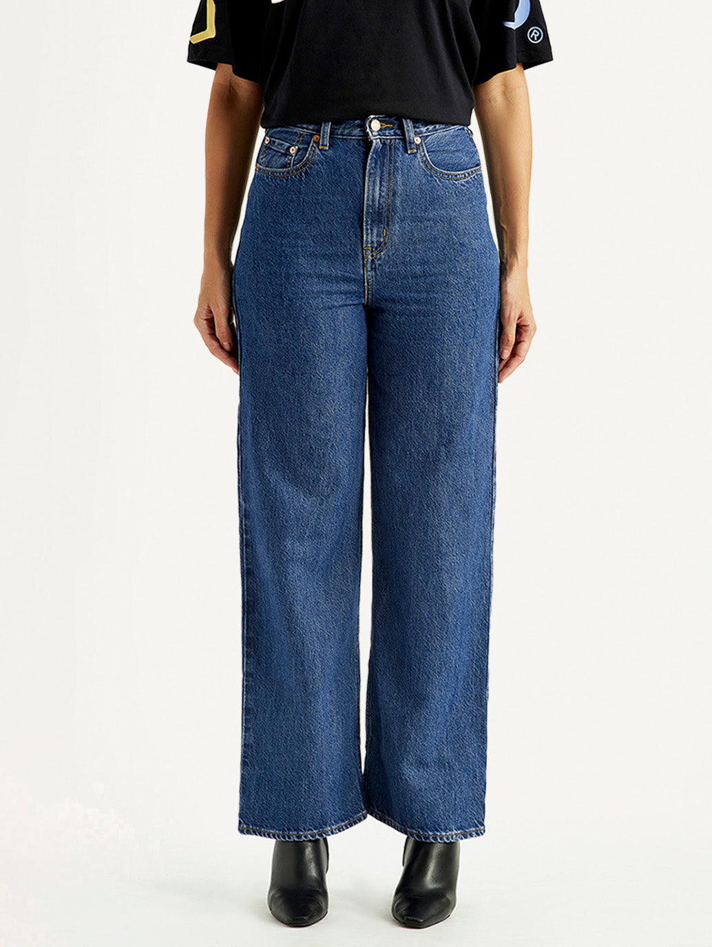 Women's Med Indigo Loose Fit High Rise  Jeans - Front View