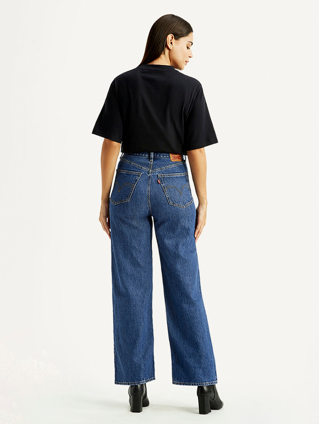 Women's Med Indigo Loose Fit High Rise  Jeans - Back View