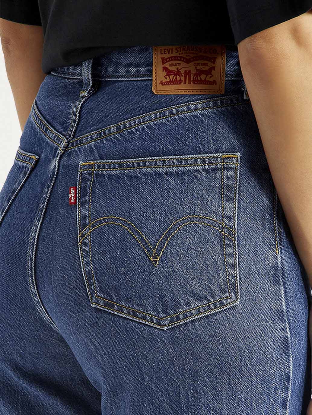 Women's Med Indigo Loose Fit High Rise  Jeans - Detail View
