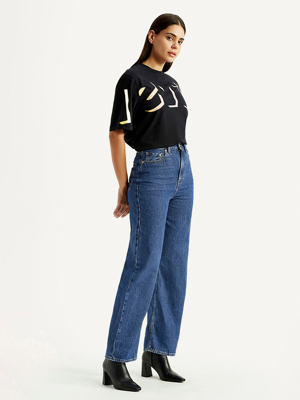 Women's Med Indigo Loose Fit High Rise  Jeans - Side View
