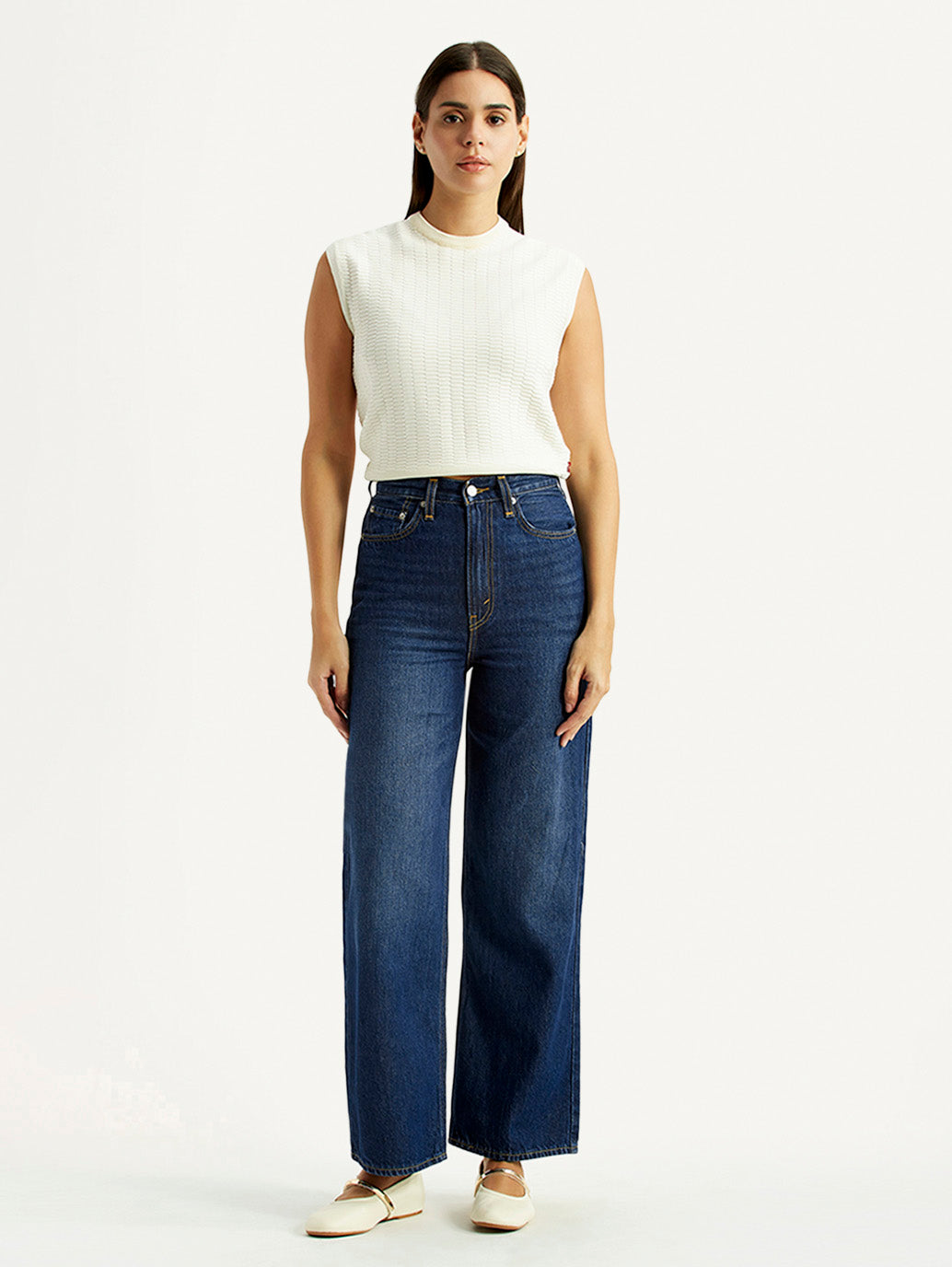 Women's Dark Indigo Loose Fit High Rise Jeans - Front View