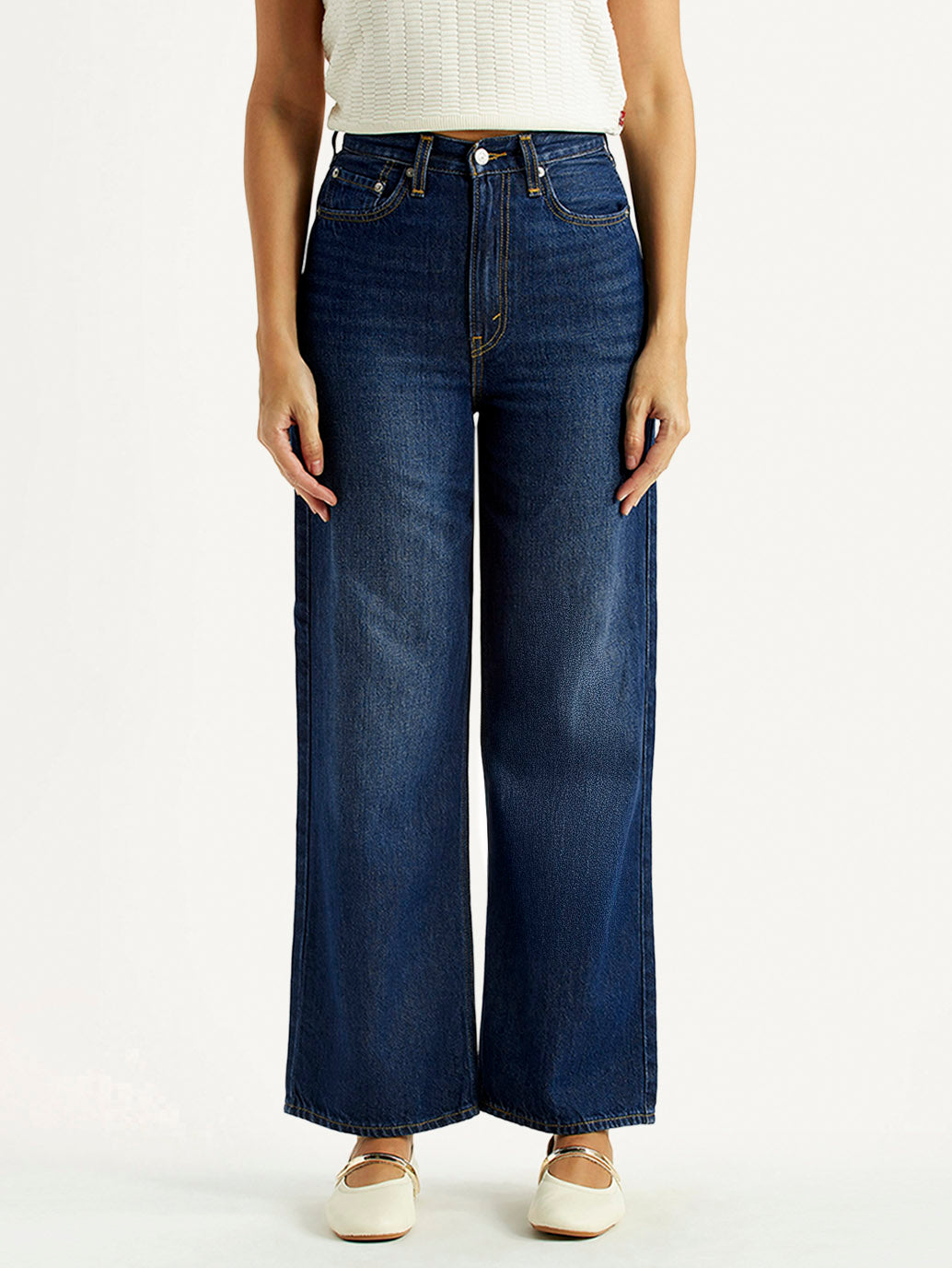 Women's Dark Indigo Loose Fit High Rise Jeans - Front View