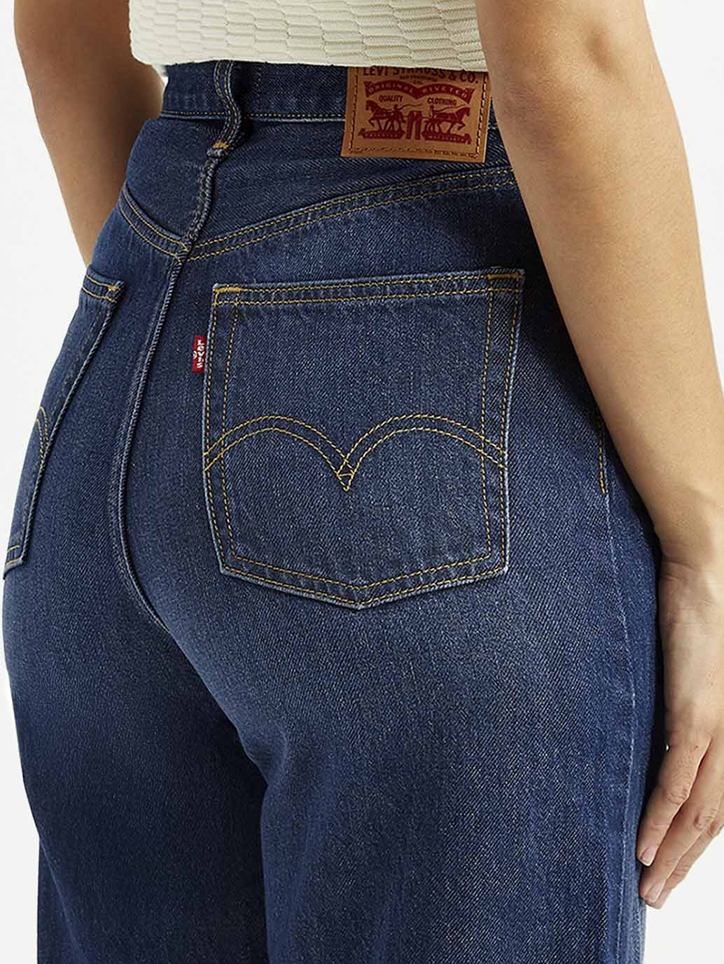 Women's Dark Indigo Loose Fit High Rise Jeans - Detail View