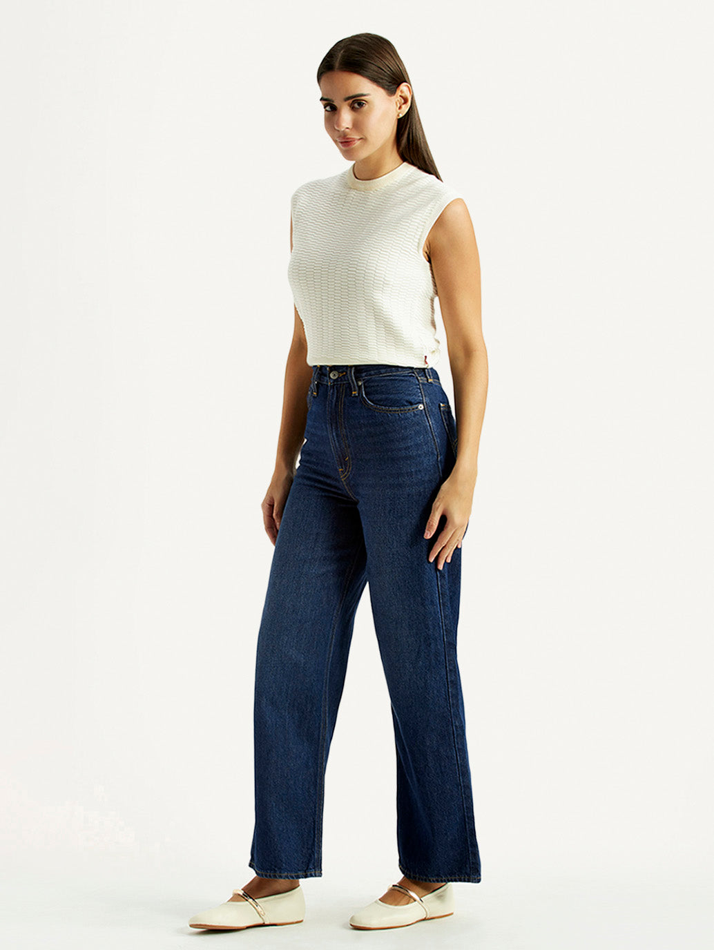 Women's Dark Indigo Loose Fit High Rise Jeans - Side View
