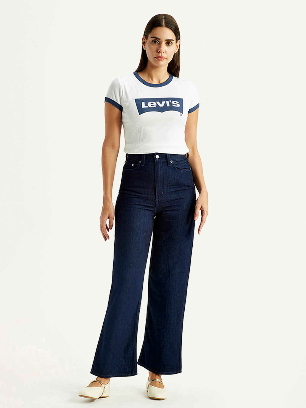 Women's Dark Indigo Loose Fit High Rise Jeans - Front View