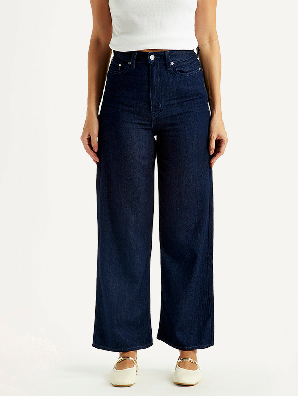 Women's Dark Indigo Loose Fit High Rise Jeans - Front View
