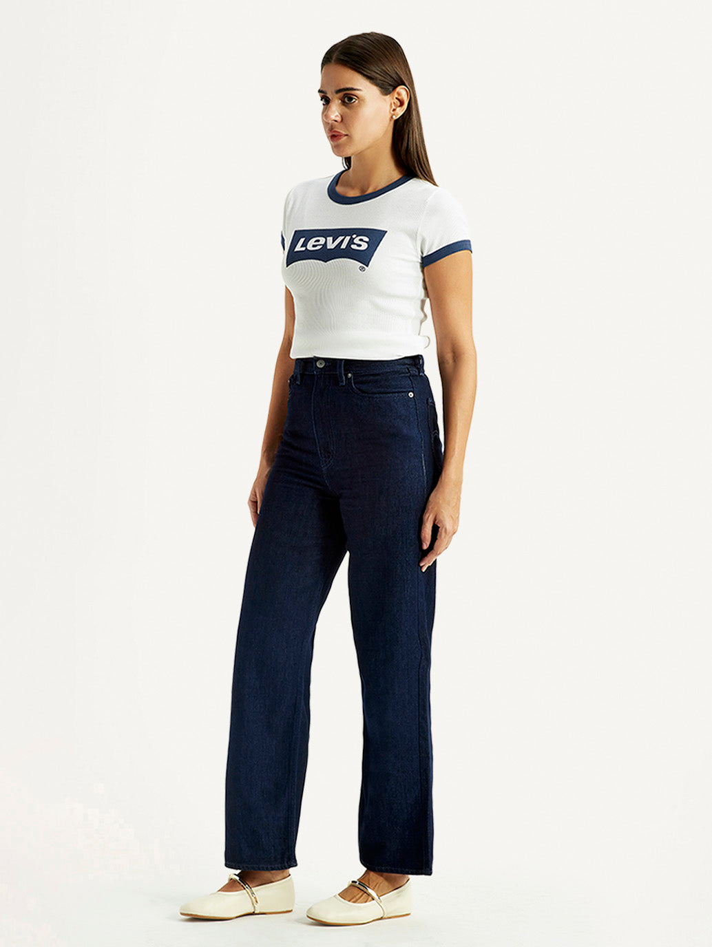 Women's Dark Indigo Loose Fit High Rise Jeans - Side View