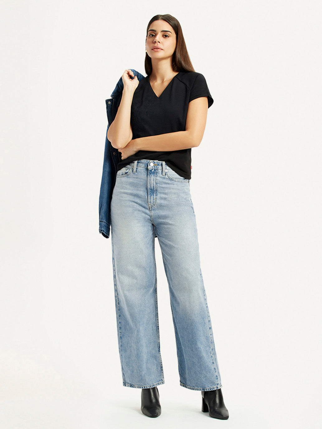 Women's High Rise Wide Leg Fit Light Blue Jeans - Styleshot View
