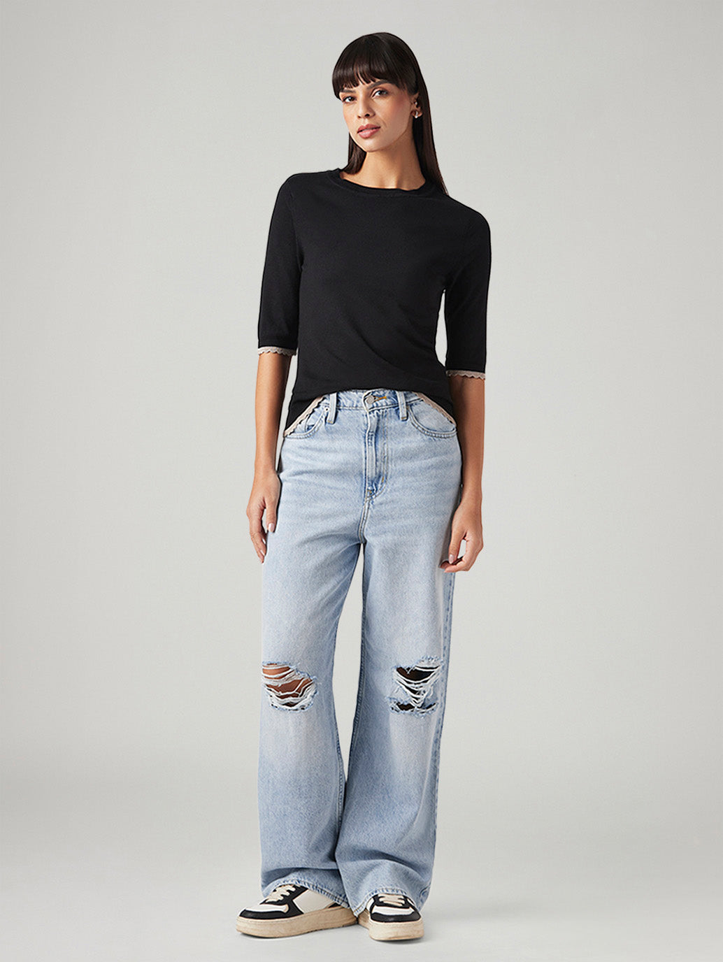 Women's Light Blue Loose Fit High Rise Jeans - Styleshot View