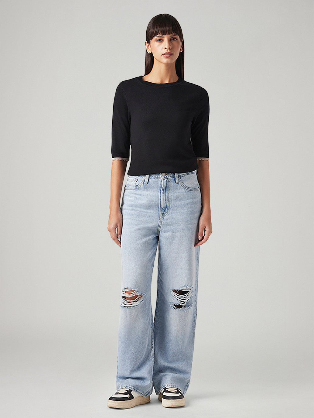 Women's Light Blue Loose Fit High Rise Jeans - Front View