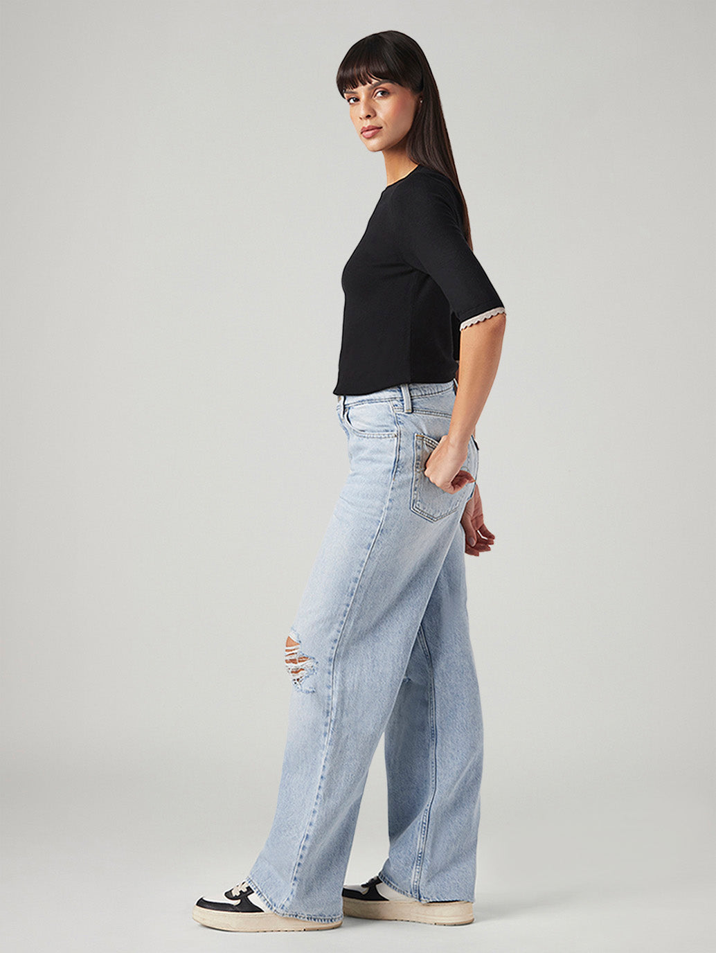 Women's Light Blue Loose Fit High Rise Jeans - Side View