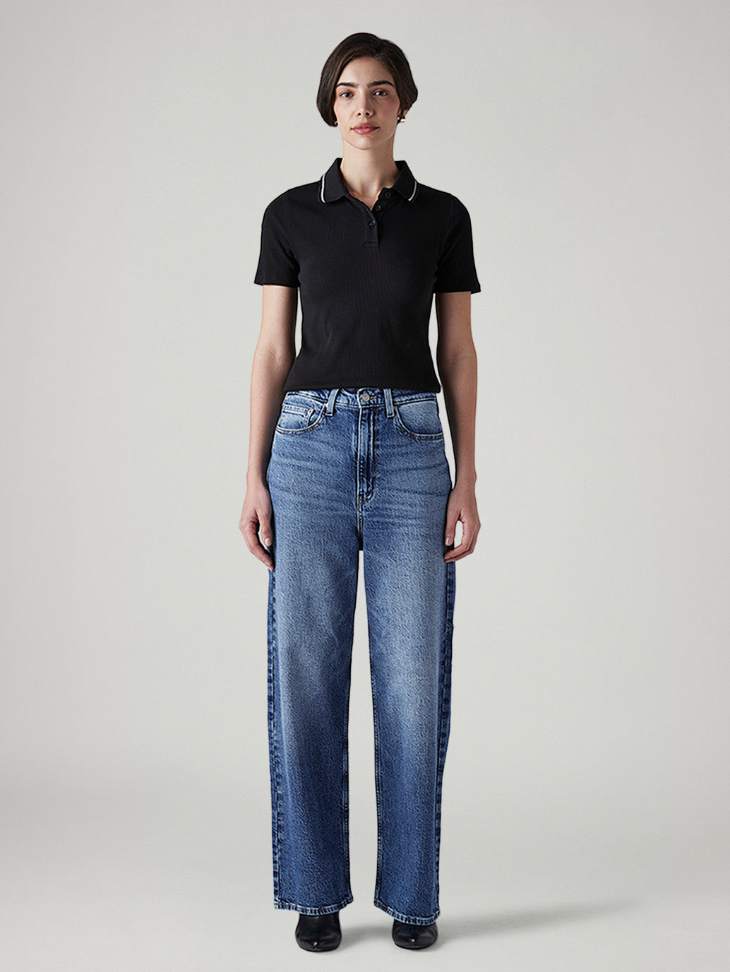 Women's Med Indigo Loose Fit High Rise Jeans - Front View