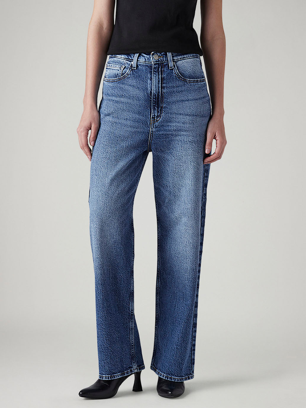 Women's Med Indigo Loose Fit High Rise Jeans - Front View