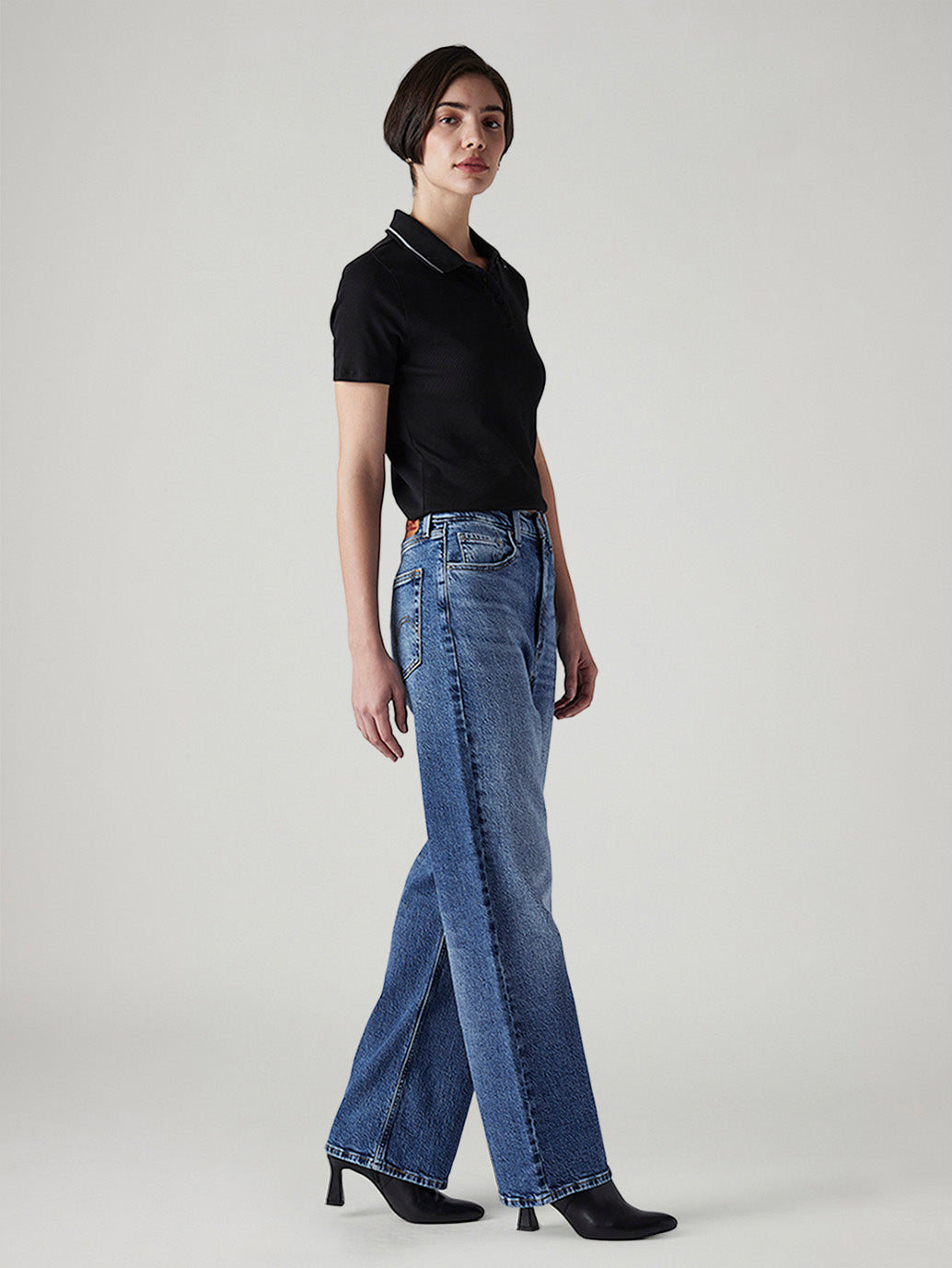 Women's Med Indigo Loose Fit High Rise Jeans - Side View