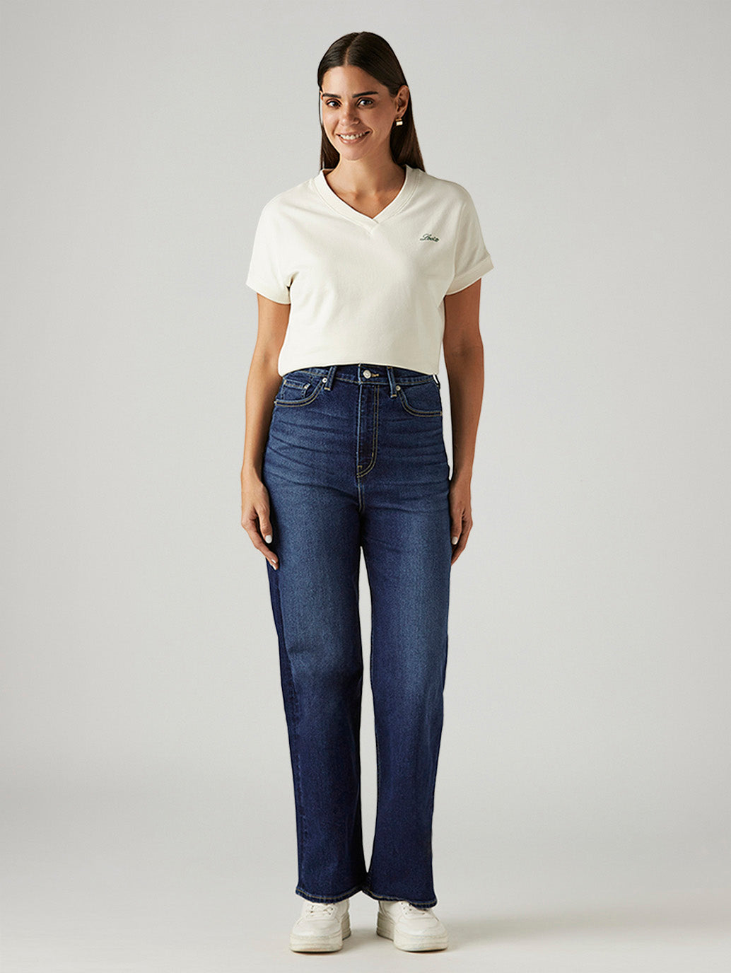 Women's Dark Indigo Loose Fit High Rise Jeans - Front View
