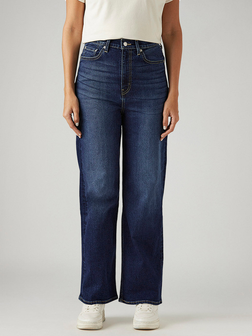 Women's Dark Indigo Loose Fit High Rise Jeans - Front View