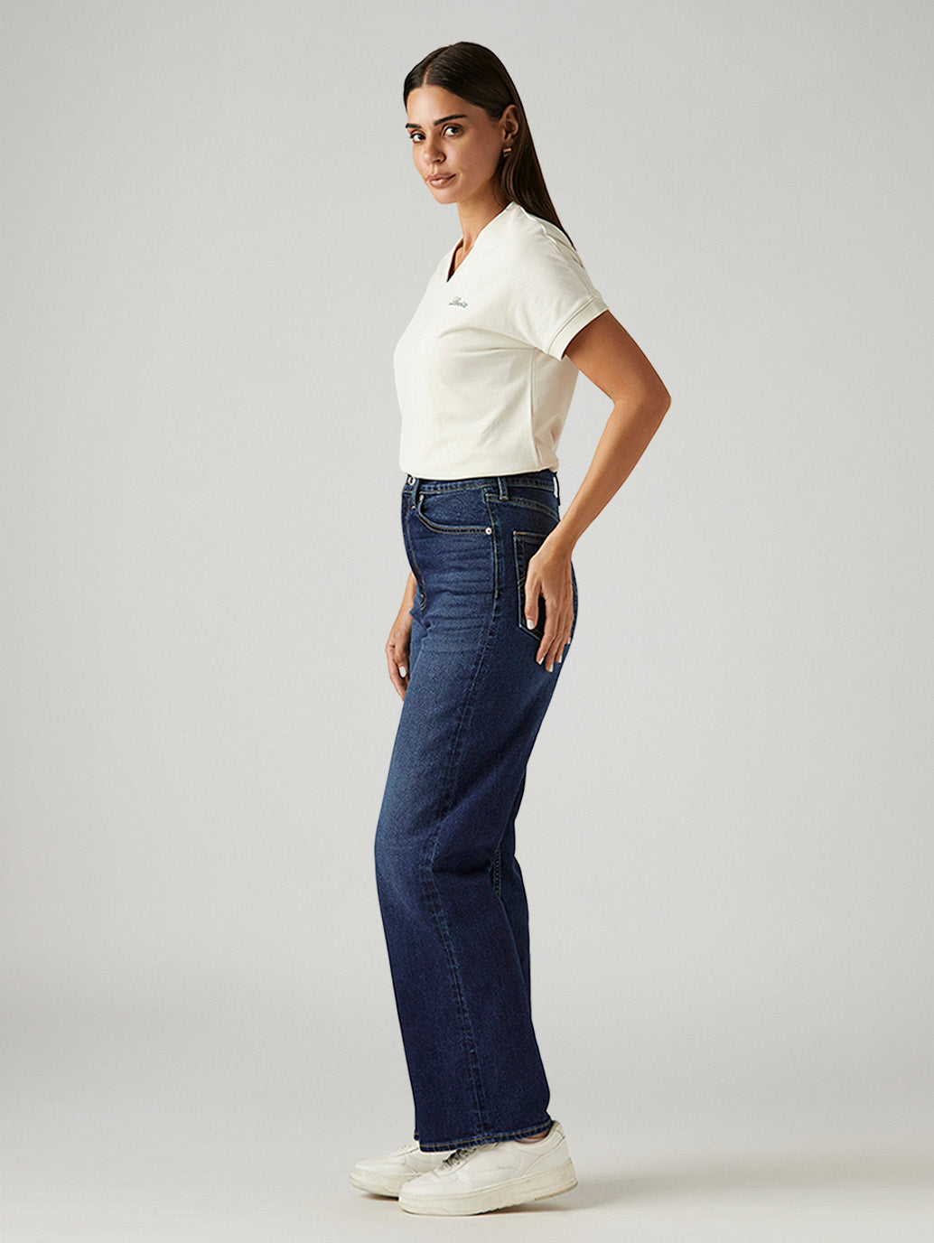 Women's Dark Indigo Loose Fit High Rise Jeans - Side View