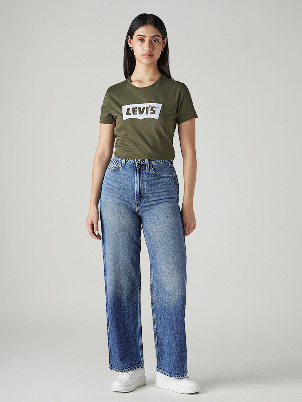 Women's Blue Loose Fit High Rise Jeans - Front View