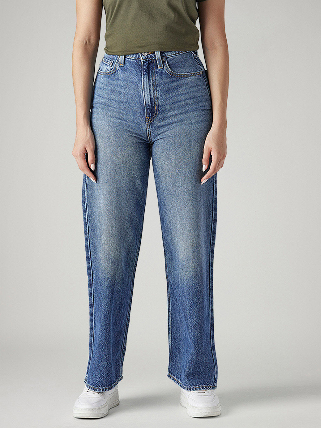 Women's Blue Loose Fit High Rise Jeans - Front View