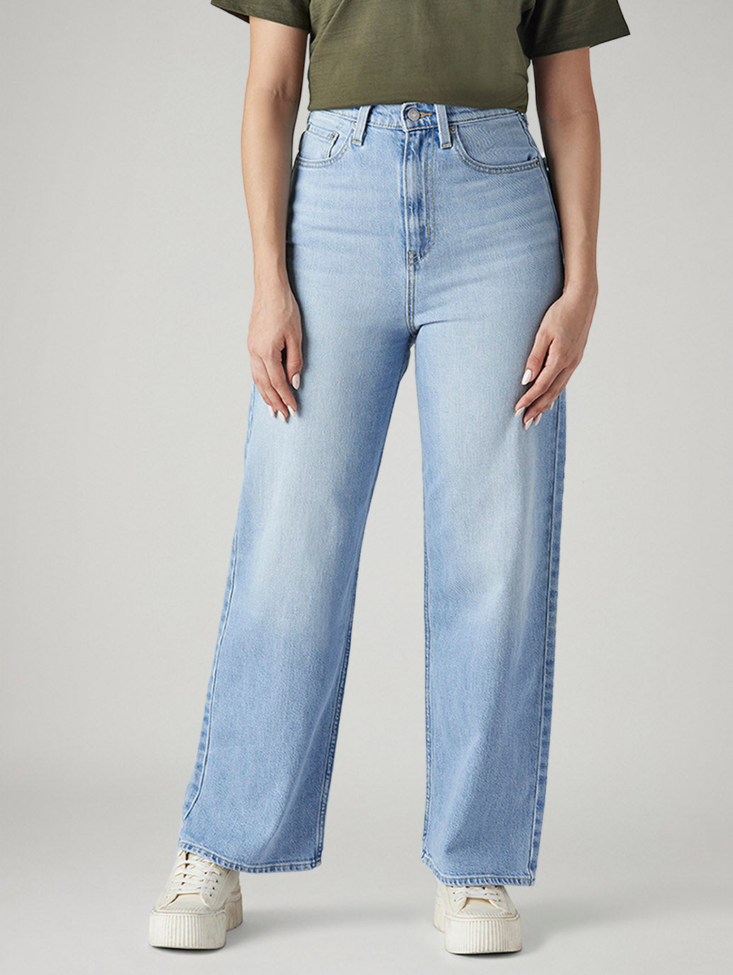 Women's Light Blue Loose Fit High Rise Jeans - Front View