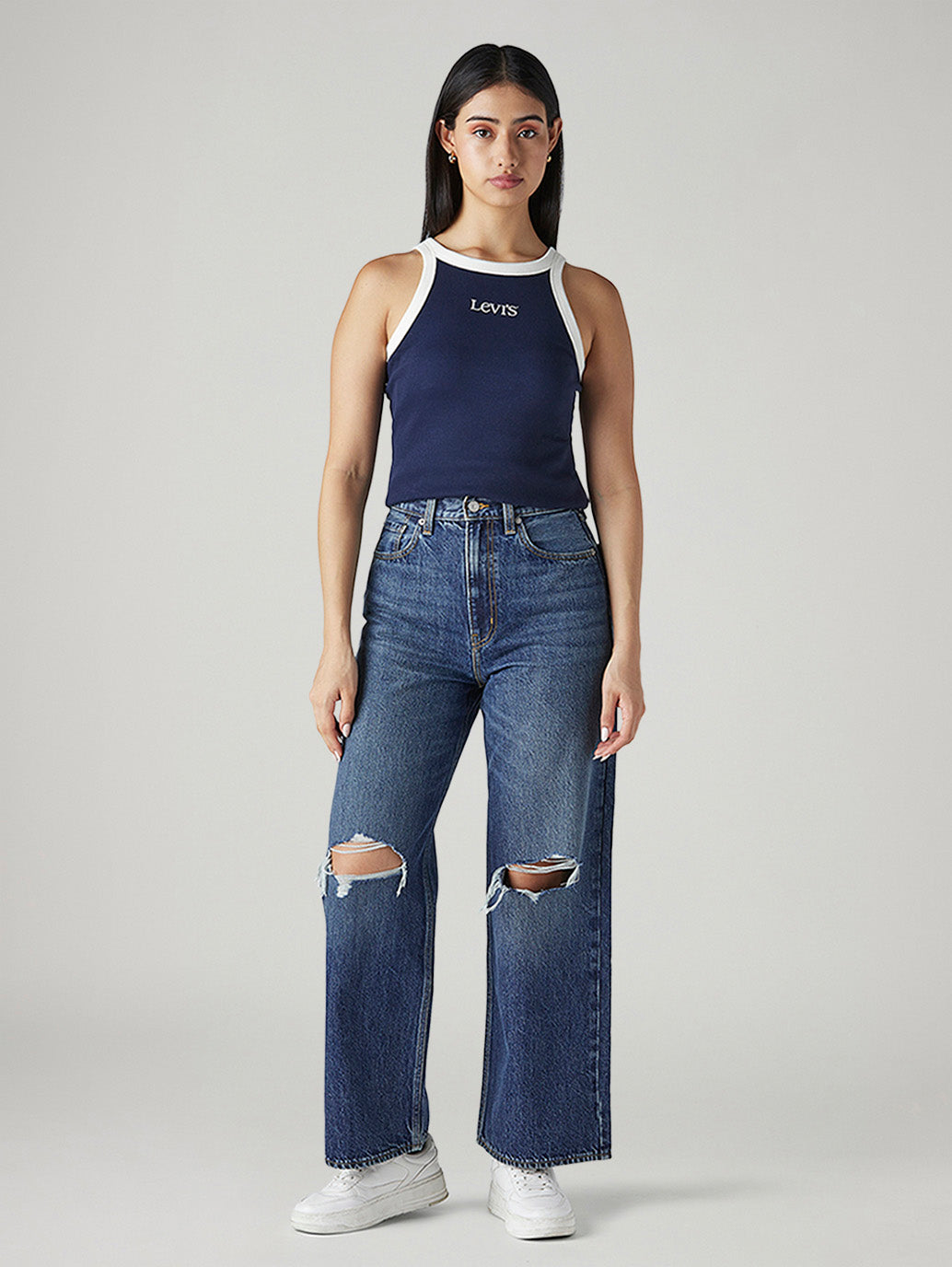 Women's Dark Indigo Loose Fit High Rise Jeans - Front View