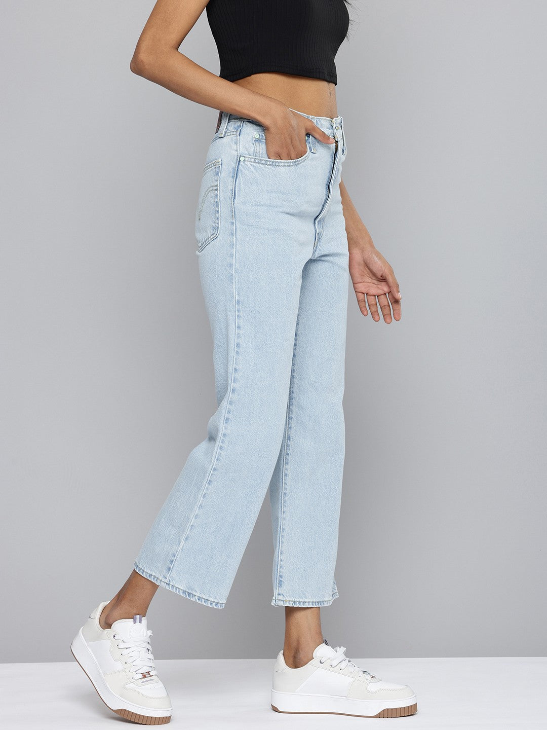Women's Light Blue Ribcage Cropped Bootcut Fit High Rise Jeans - 2 View