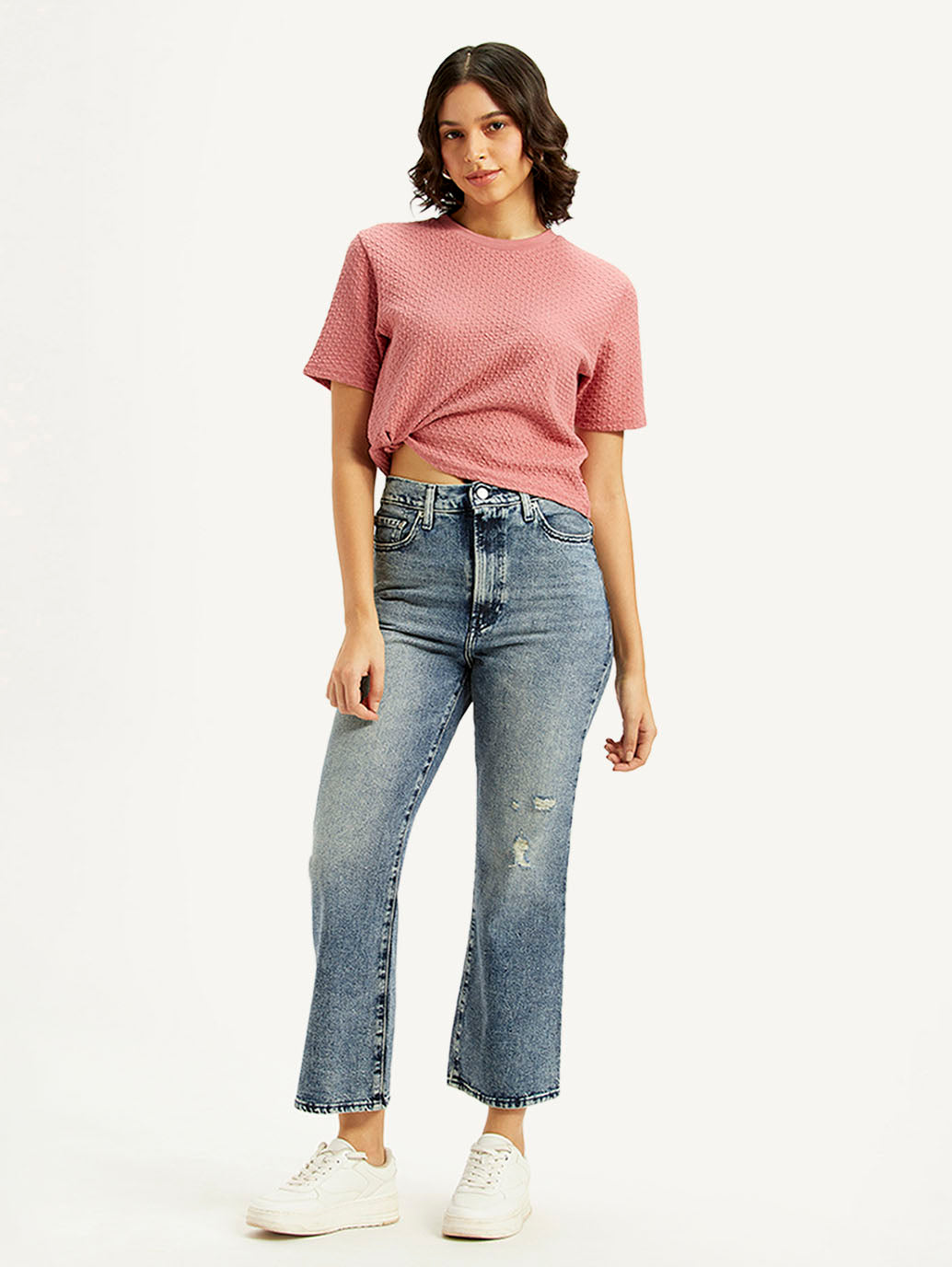 Women's Blue Ribcage Cropped Bootcut Fit High Rise Jeans