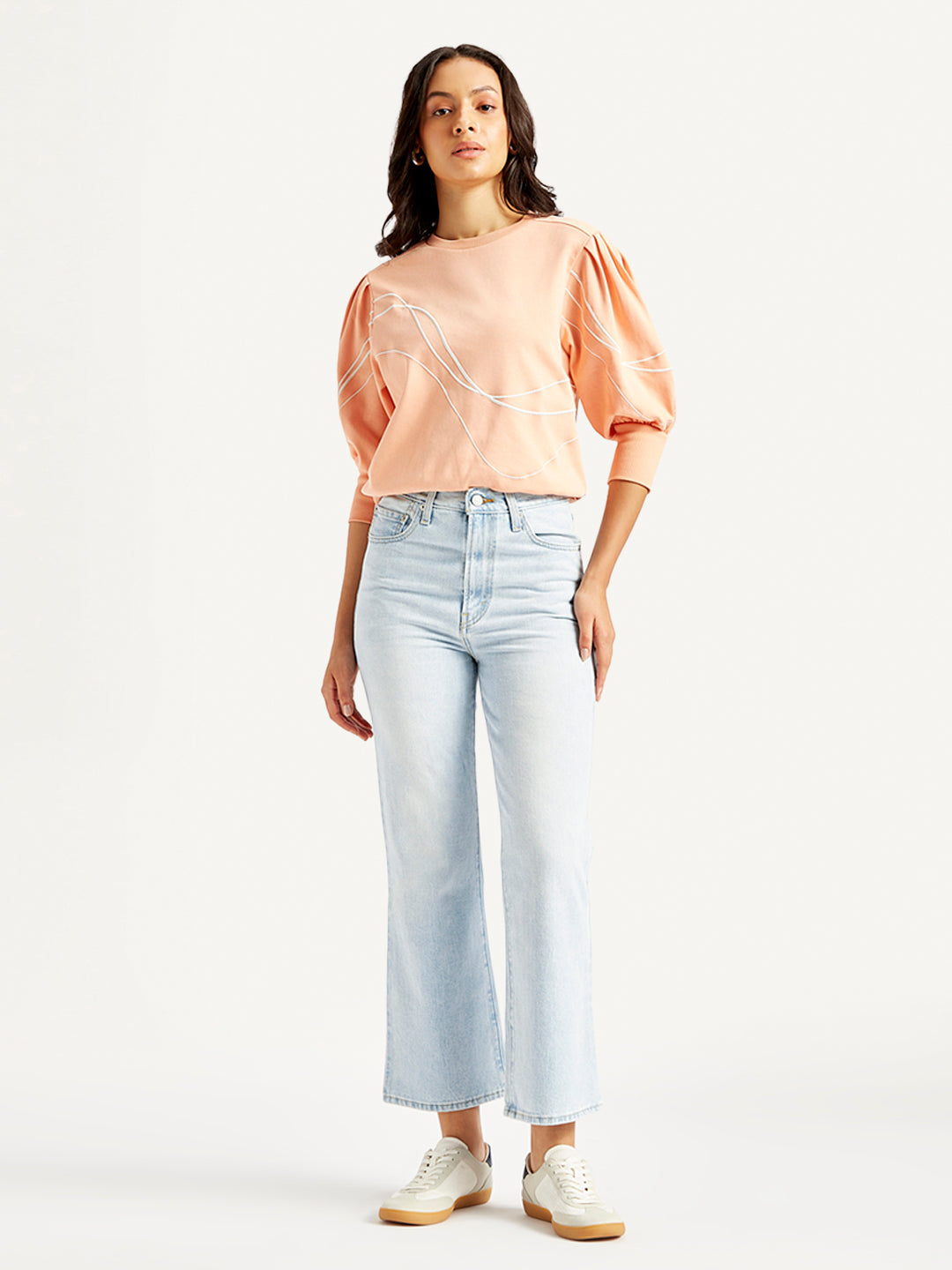 Women's Blue Ribcage Cropped Bootcut Fit High Rise Jeans - Styleshot View