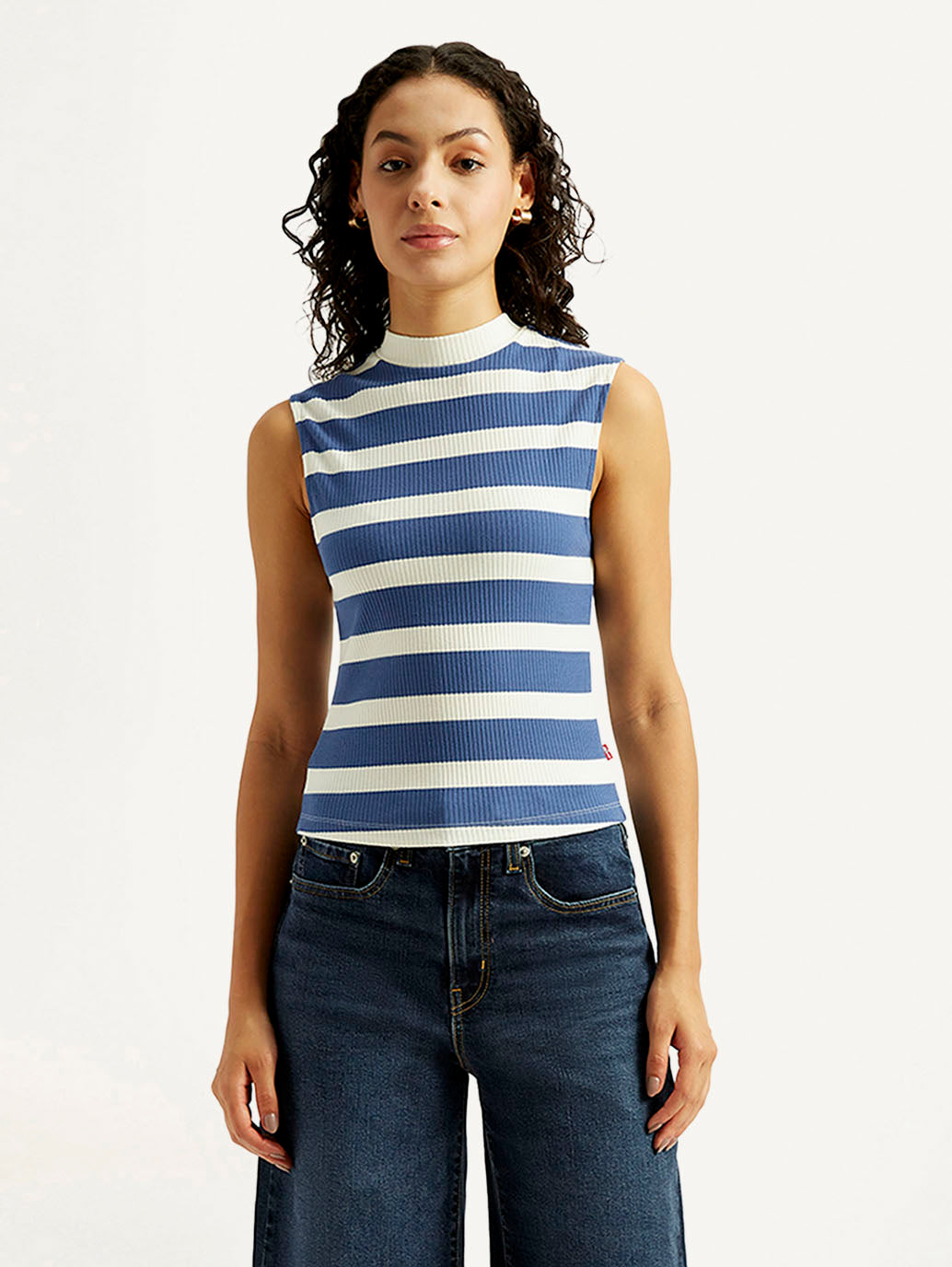 Women's Striped Blue Collar Neck Top - Front View
