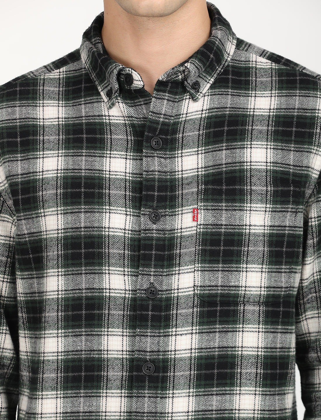 Men's Checkered Black Collar Neck Shacket - Detail View