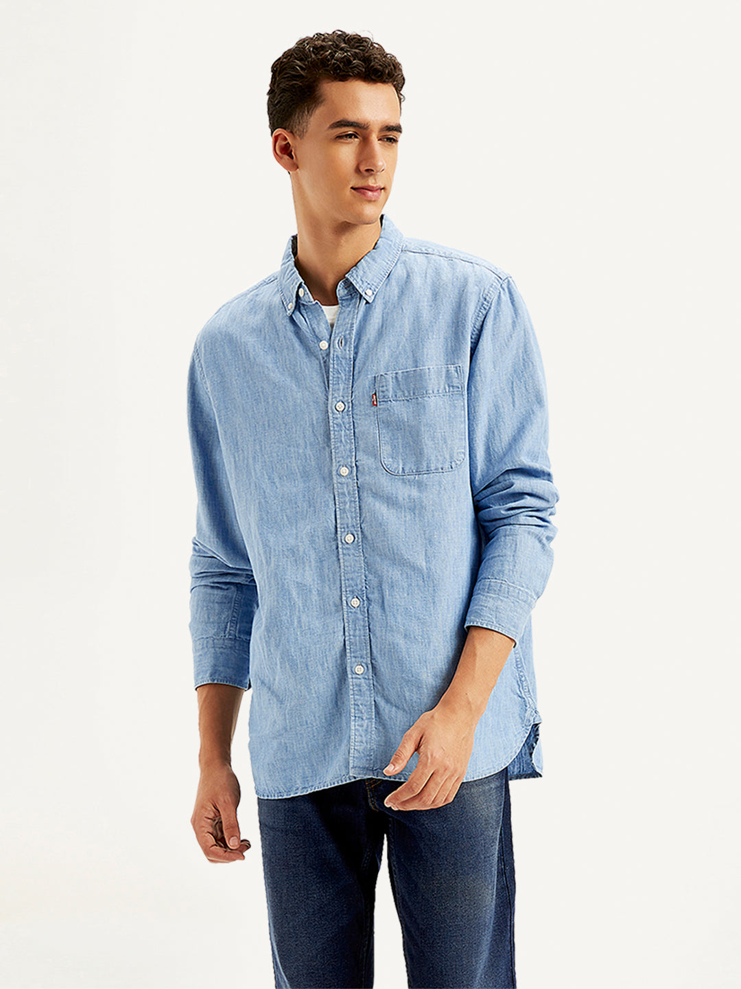Men's Solid Straight Fit Denim Shirt - Front View