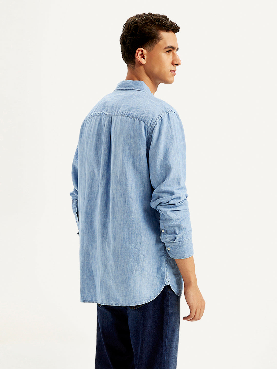 Men's Solid Straight Fit Denim Shirt - Back View