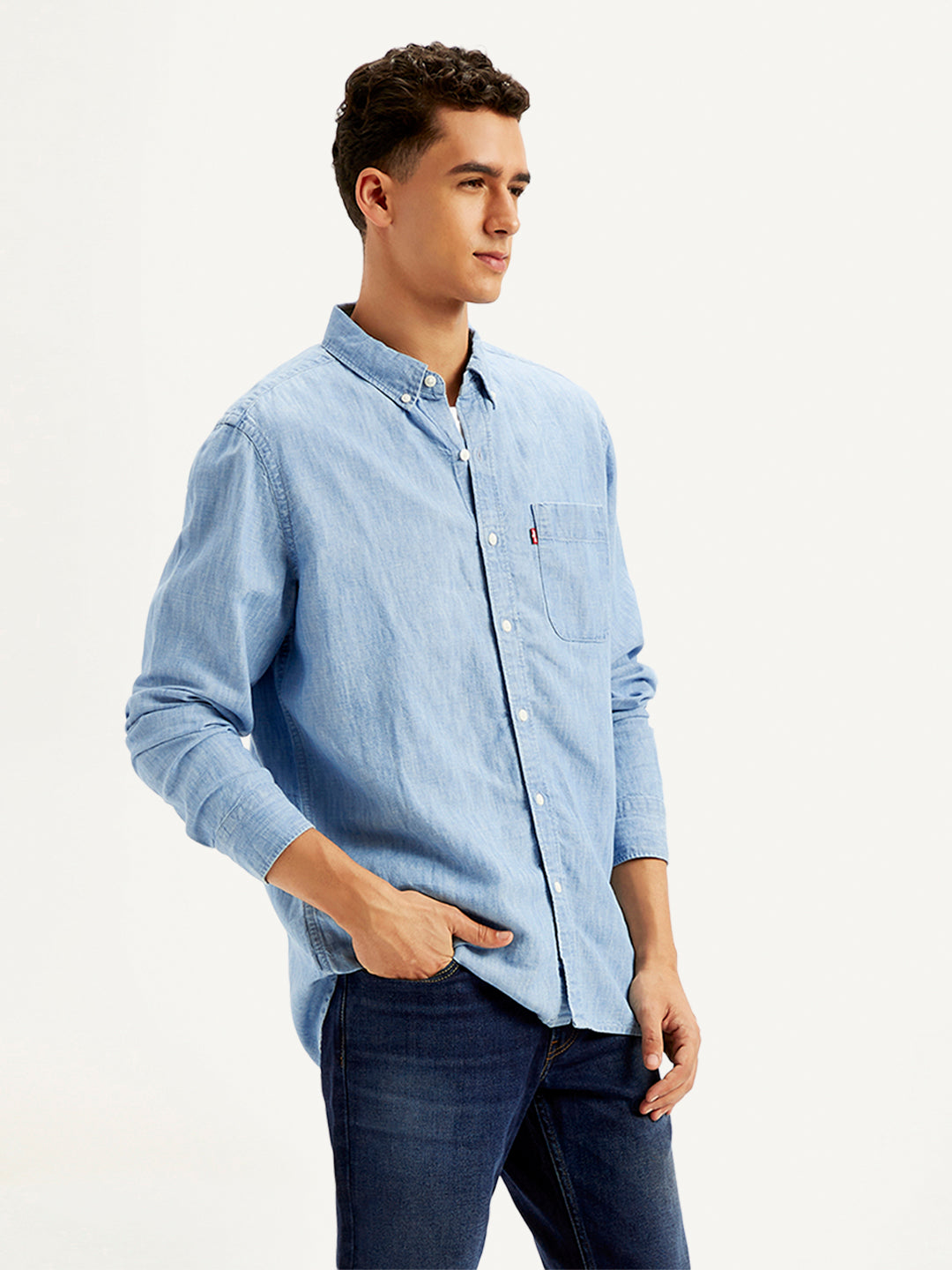 Men's Solid Straight Fit Denim Shirt - Side View