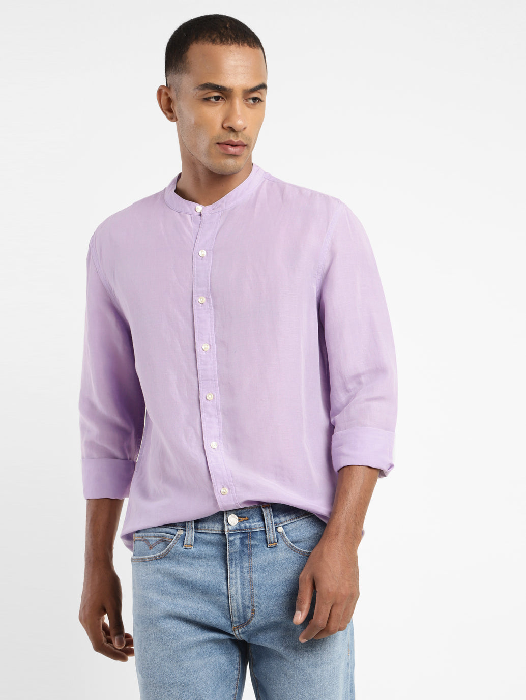 Men's Solid Band Neck Linen Shirt - 37dae1ea-9400-4c74-b358-1bd3616632cb View