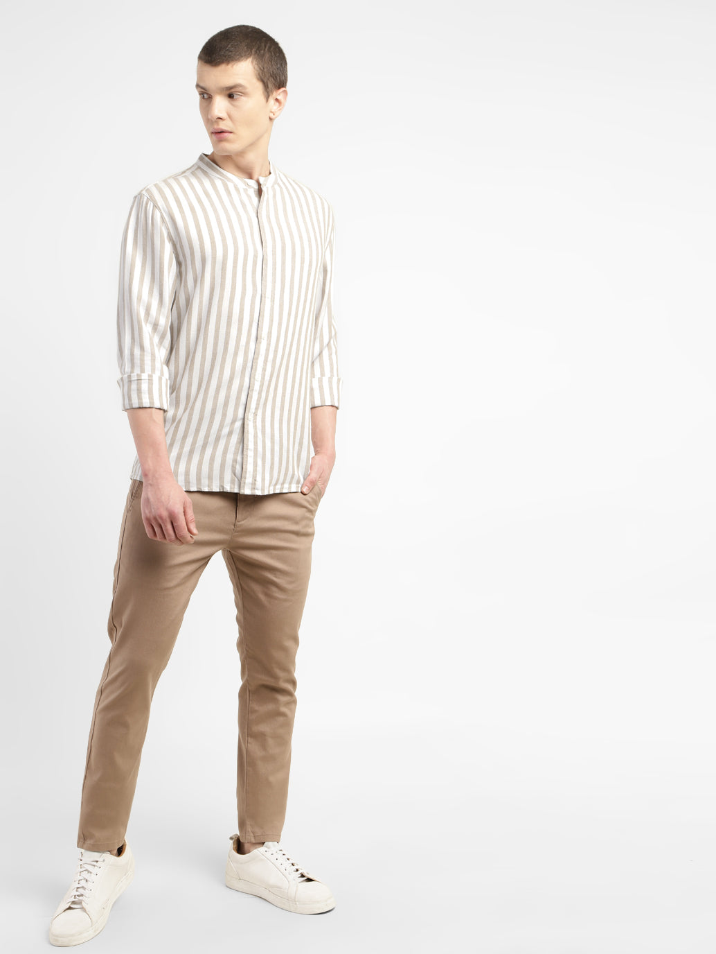 Men's Striped Band Neck Shirt - 96beabd3-d580-4f79-a359-5c960e0a580d View
