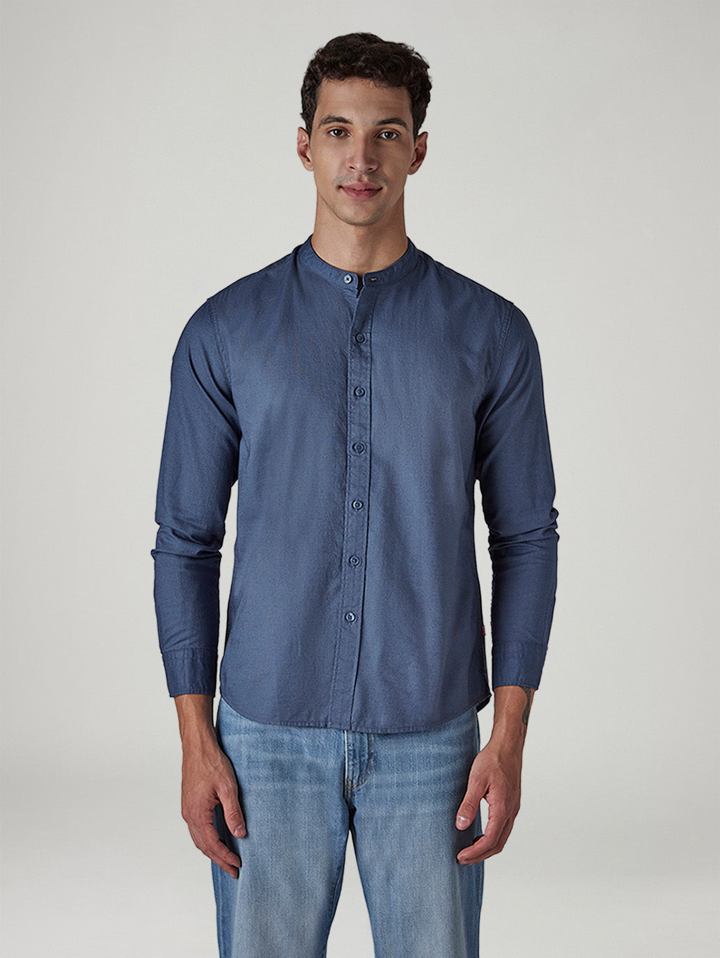 Men's Solid Mandarin Collar Slim Fit Oxford Shirt - Front View
