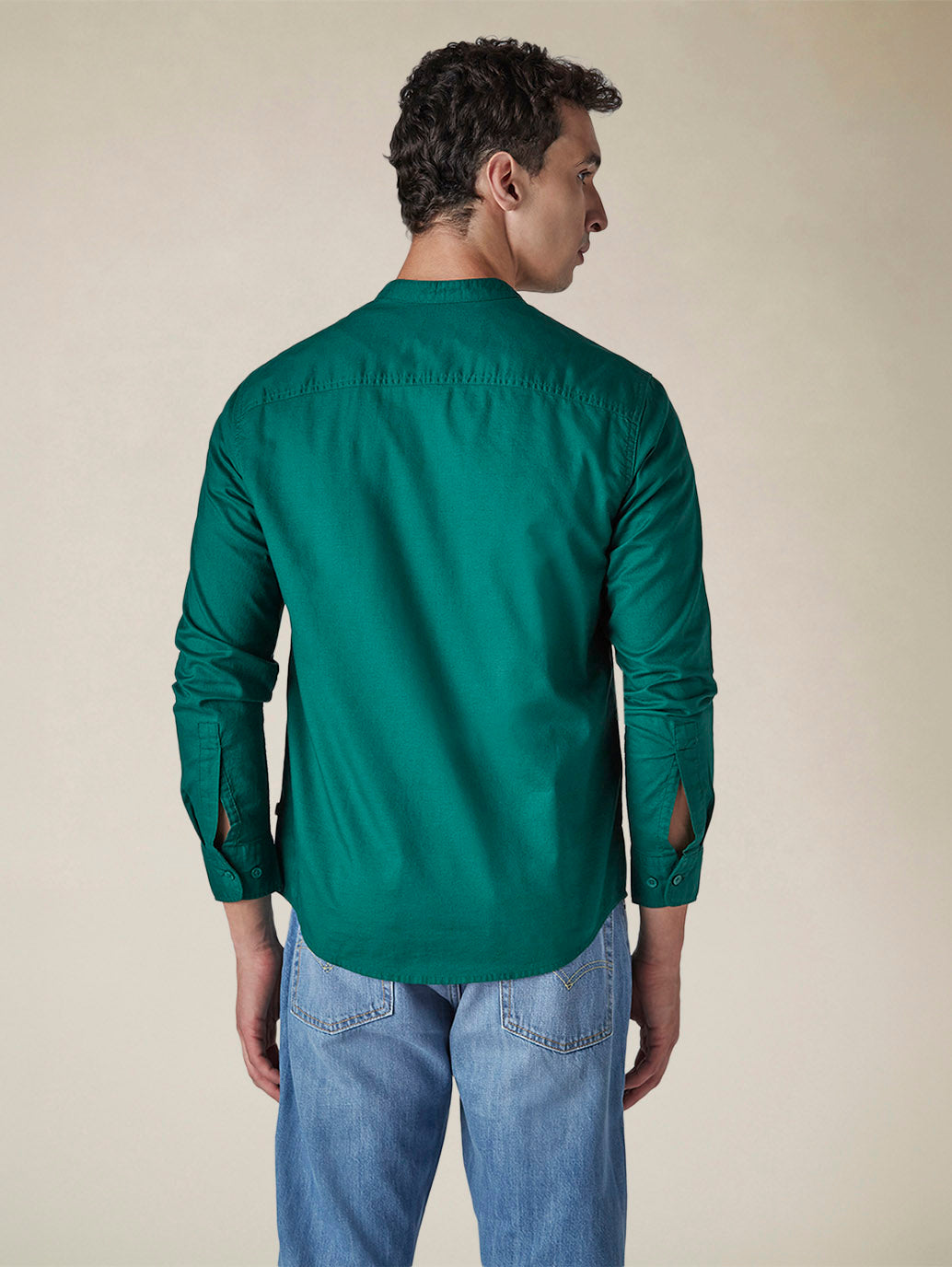 Men's Solid Mandarin Collar Slim Fit Oxford Shirt - Back View