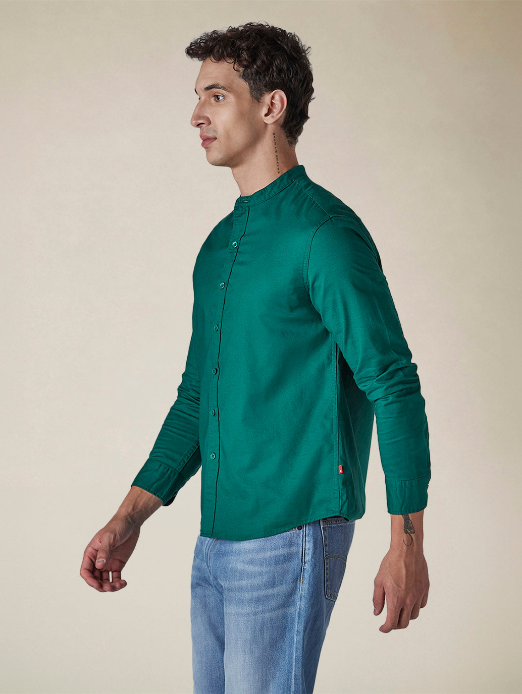 Men's Solid Mandarin Collar Slim Fit Oxford Shirt - Side View