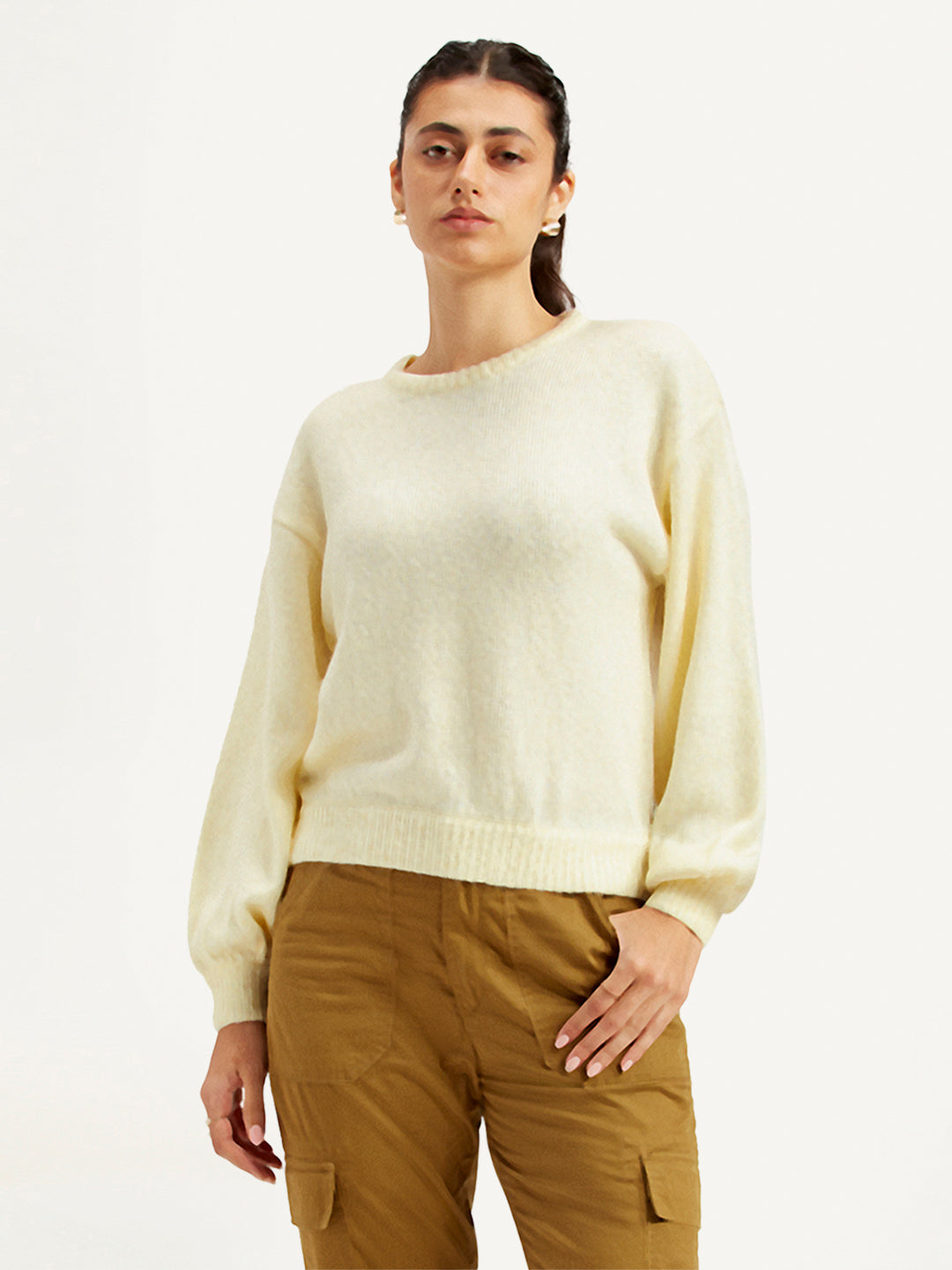Women's Solid Off White Crew Neck Sweater - Front View