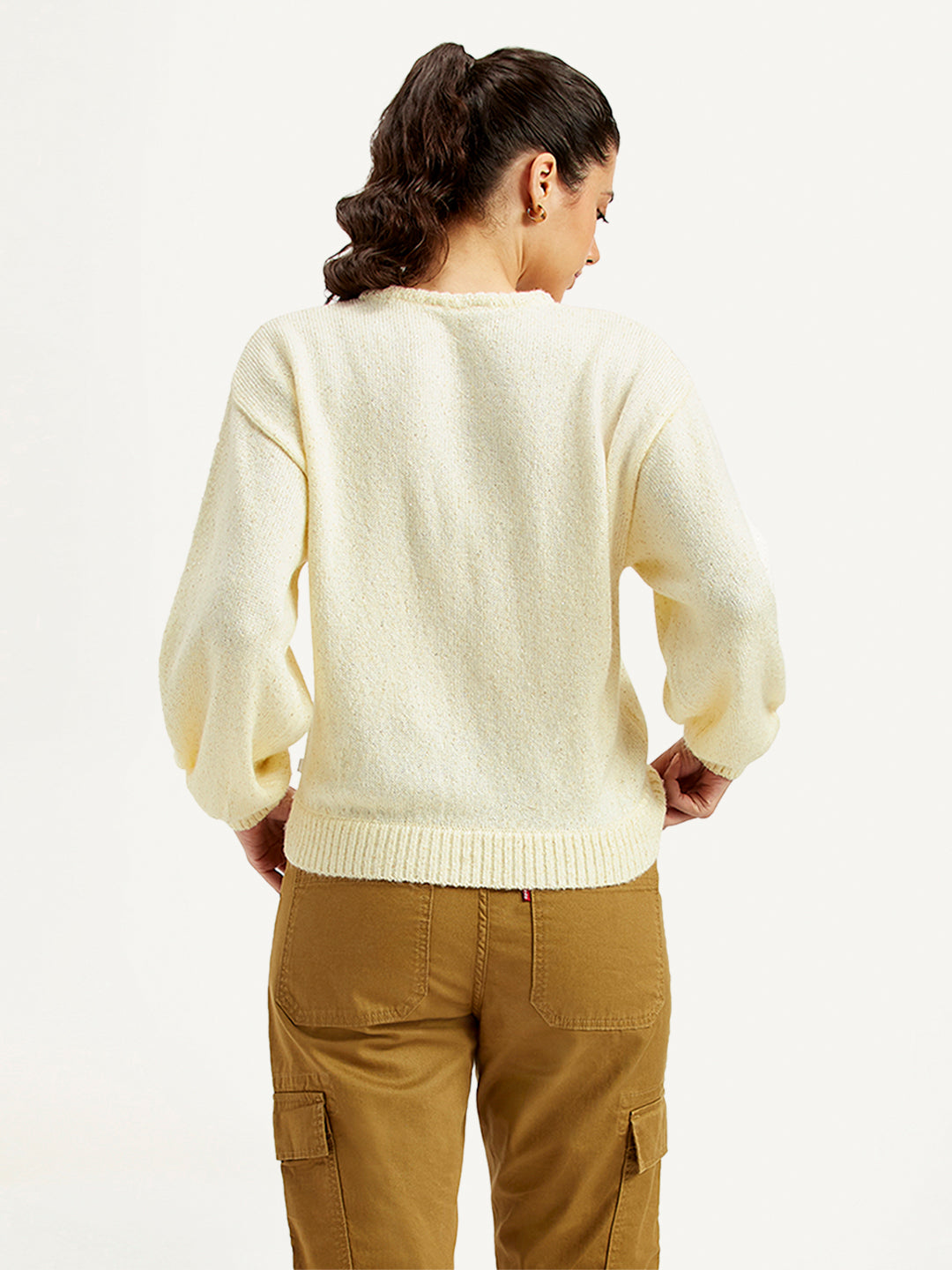 Women's Solid Off White Crew Neck Sweater - Back View