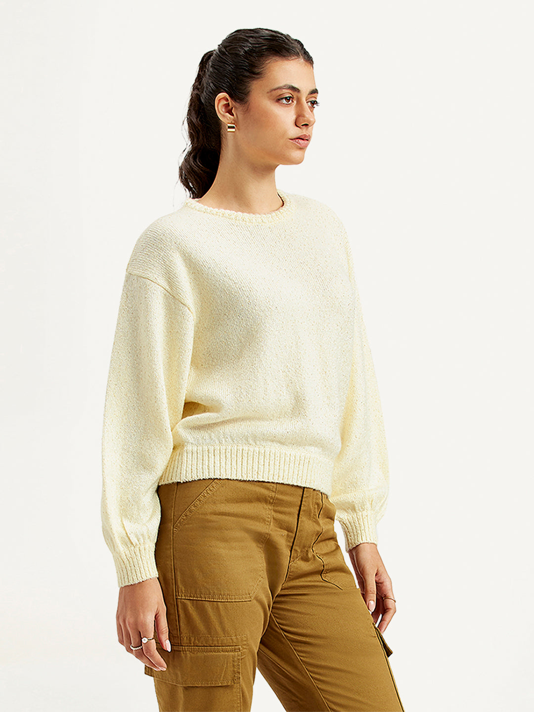 Women's Solid Off White Crew Neck Sweater - Side View