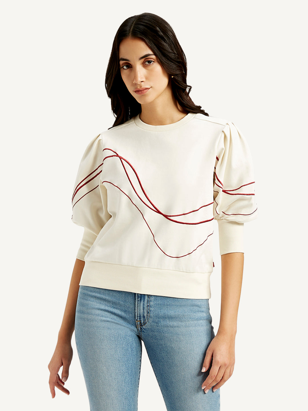Women's Abstract Off-White Crew Neck Top - Front View
