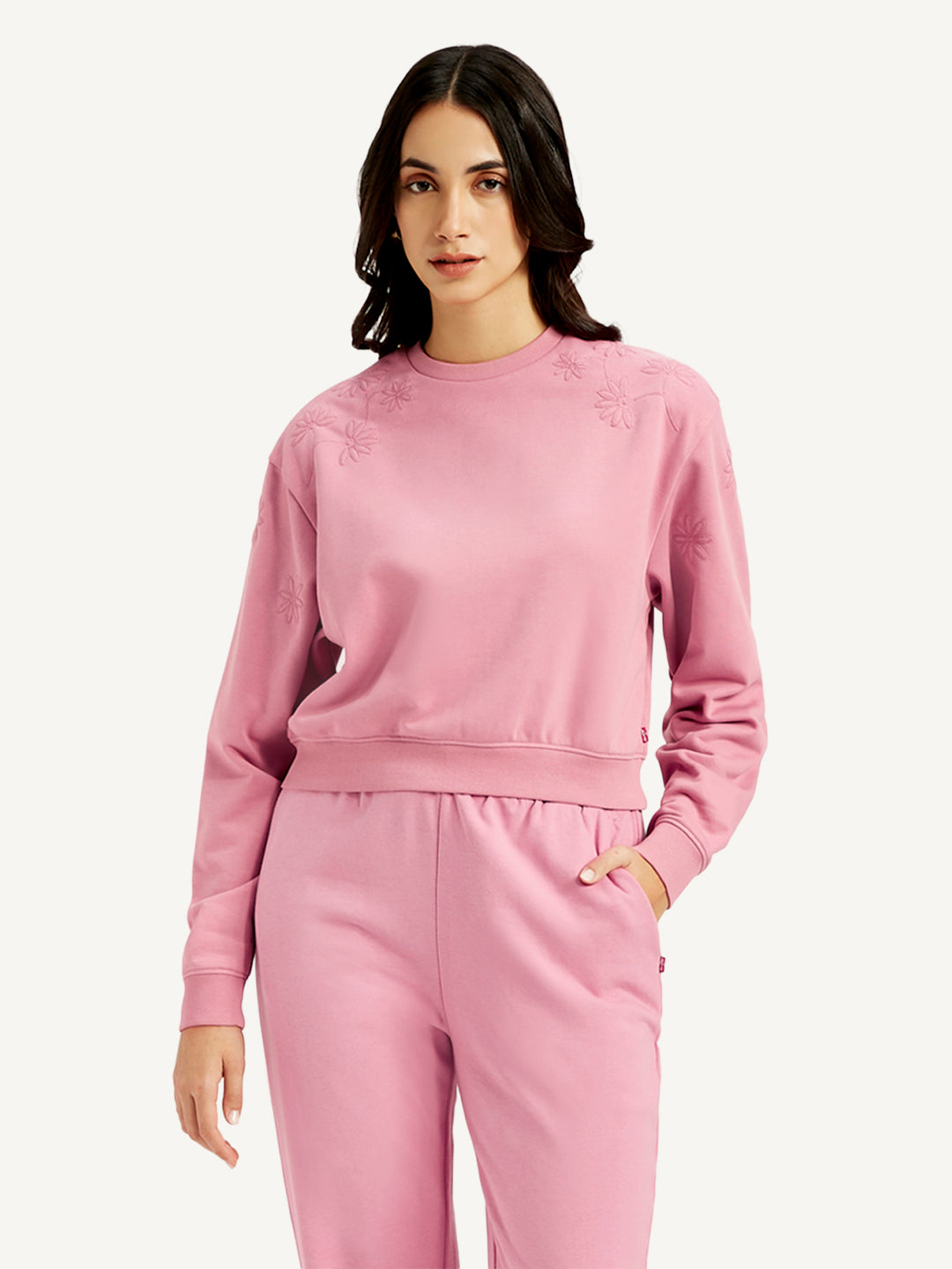 Women's Embroidered Pink Crew Neck Sweatshirt - Front View