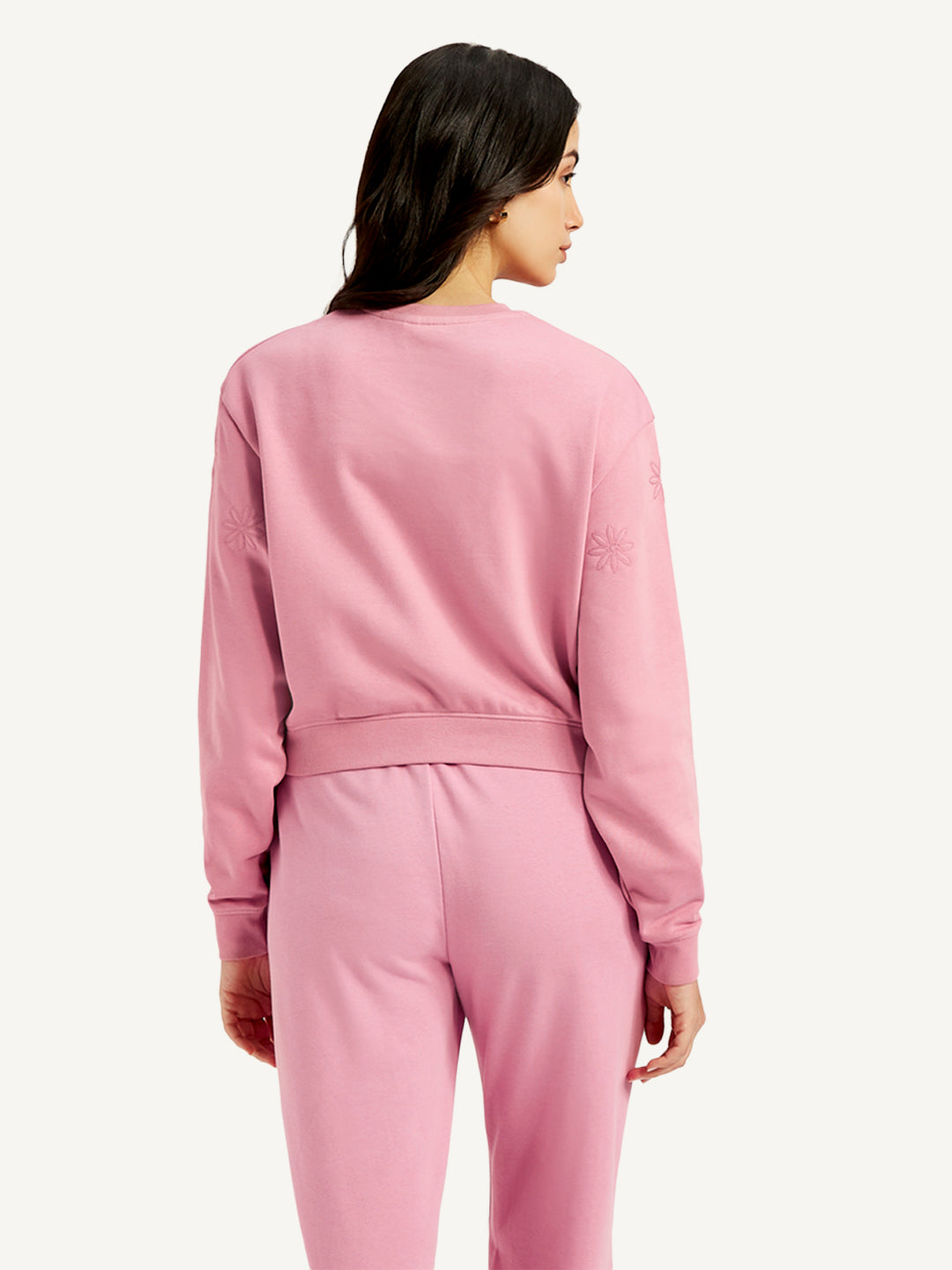 Women's Embroidered Pink Crew Neck Sweatshirt - Back View