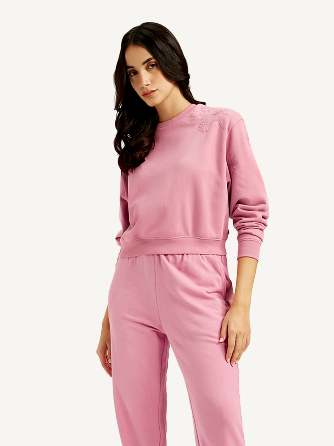 Women's Embroidered Pink Crew Neck Sweatshirt - Styleshot View