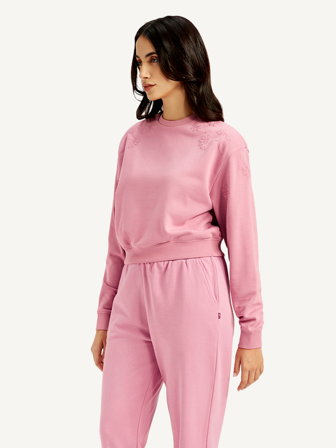 Women's Embroidered Pink Crew Neck Sweatshirt - Side View