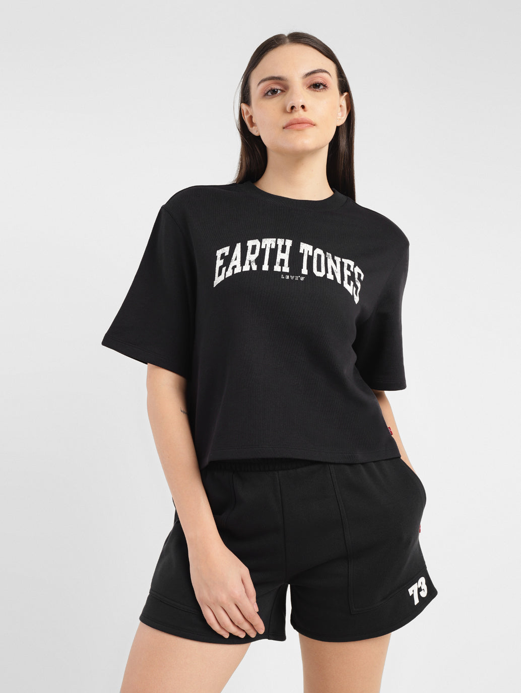 Women's Typographic Print Boxy T-Shirt - ModelFront View